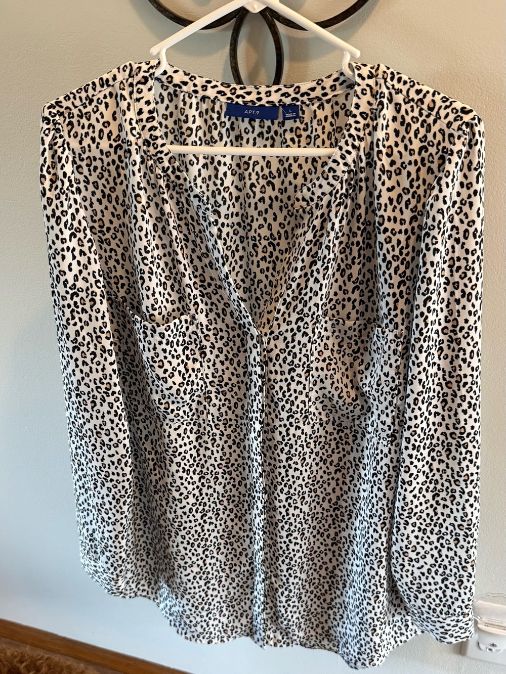 Apt. 9 Cream and Black Leopard-Print V-Neck Blouse